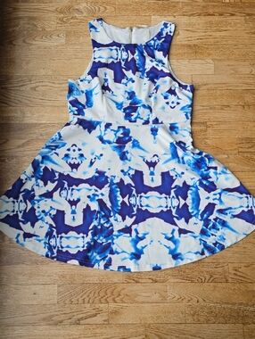 (L) SpicySugar White & Blue Printed Fit-and-Flare Mini Dress Skater Flirty Fun